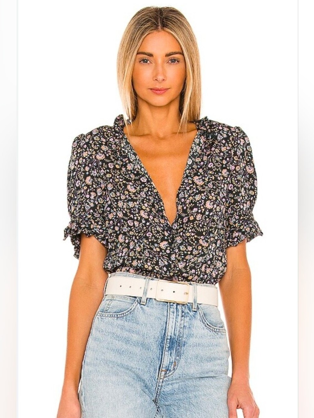 SELKIE BLOUSE THE BISTRO, Medium, Silky Ruffled Blouse, Flower Print